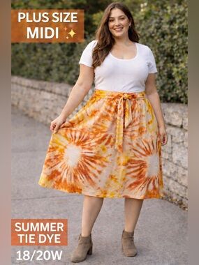 Cato Tie Dye Midi Skirt 18/20W Orange Yellow Boho Flowy Plus Size Elastic Waist